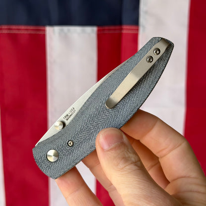 TRM ATOM Knife – 3.5” MagnaCut Blade, 3D Contoured Blue Denim Micarta Smooth Scales, Liner Lock – Made in USA