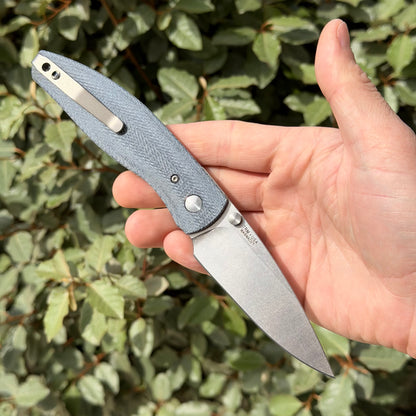 TRM ATOM Knife – 3.5” MagnaCut Blade, 3D Contoured Blue Denim Micarta Smooth Scales, Liner Lock – Made in USA