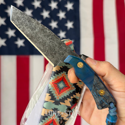 Farmer Made EDC Big Boss 001 Fixed Blade - 4" 1095 Tanto, Blue Epoxy and Blue/Black G10 - Made in USA (FM-BIGBOSS-001)