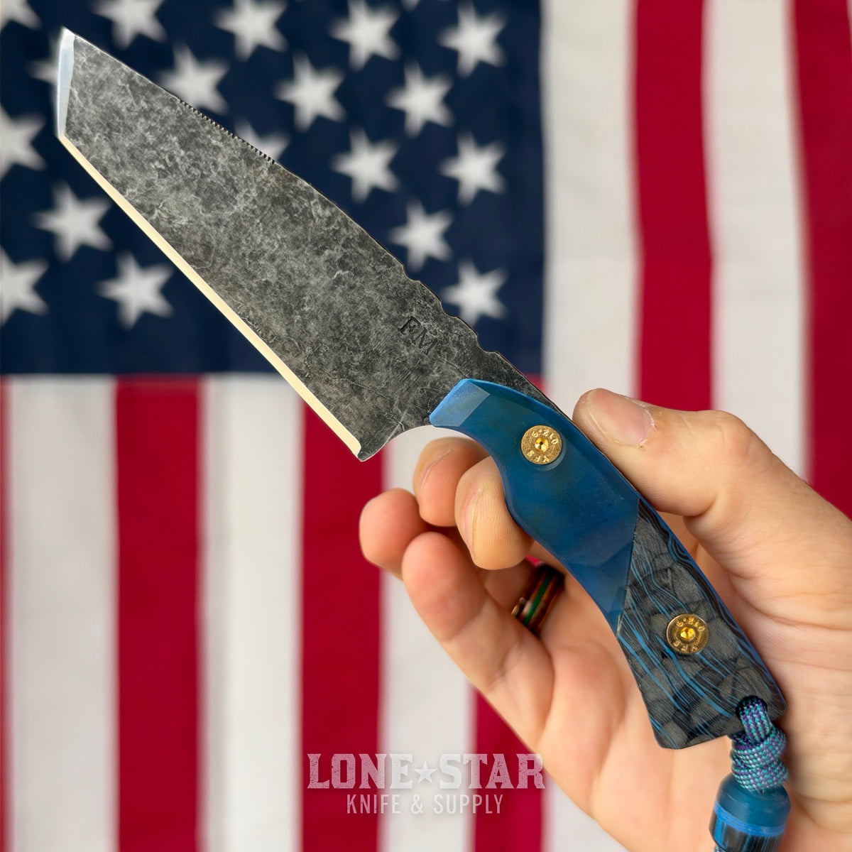Farmer Made EDC Big Boss 001 Fixed Blade - 4" 1095 Tanto, Blue Epoxy and Blue/Black G10 - Made in USA (FM-BIGBOSS-001)