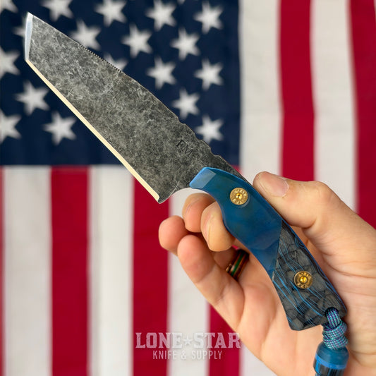 Farmer Made EDC Big Boss 001 Fixed Blade - 4" 1095 Tanto, Blue Epoxy and Blue/Black G10 - Made in USA (FM-BIGBOSS-001)