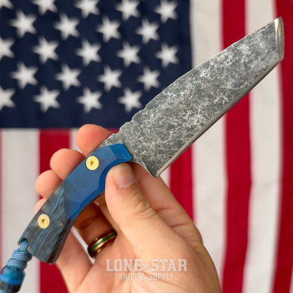 Farmer Made EDC Big Boss 001 Fixed Blade - 4" 1095 Tanto, Blue Epoxy and Blue/Black G10 - Made in USA (FM-BIGBOSS-001)