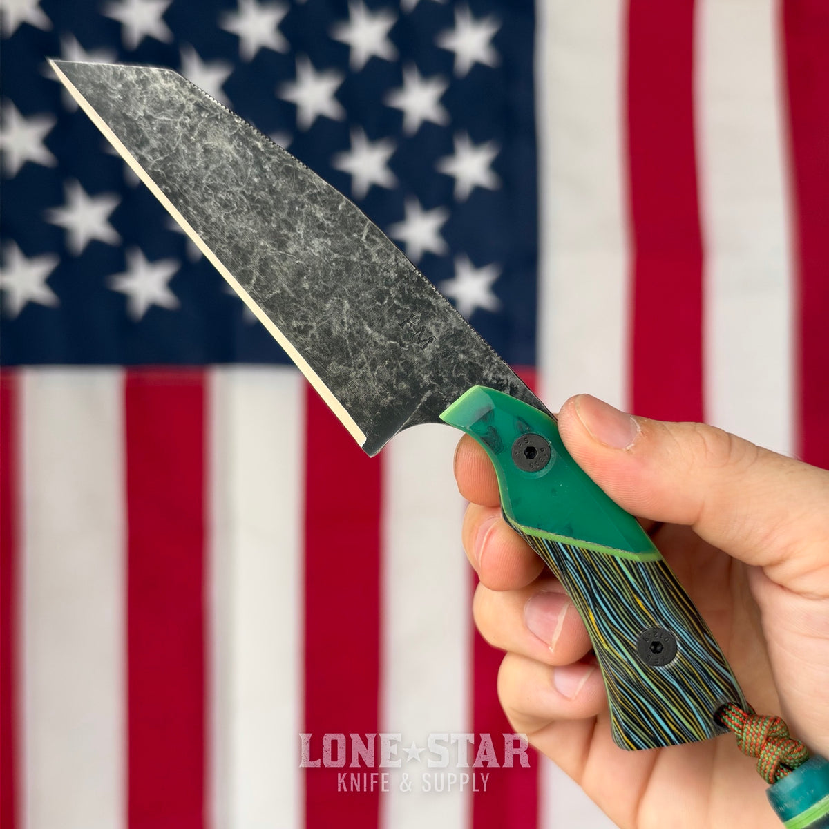 Farmer Made EDC Big Boss 002 Fixed Blade - 4" 1095 Wharncliffe, Green Epoxy and Multicolor G10 - Made in USA (FM-BIGBOSS-002)