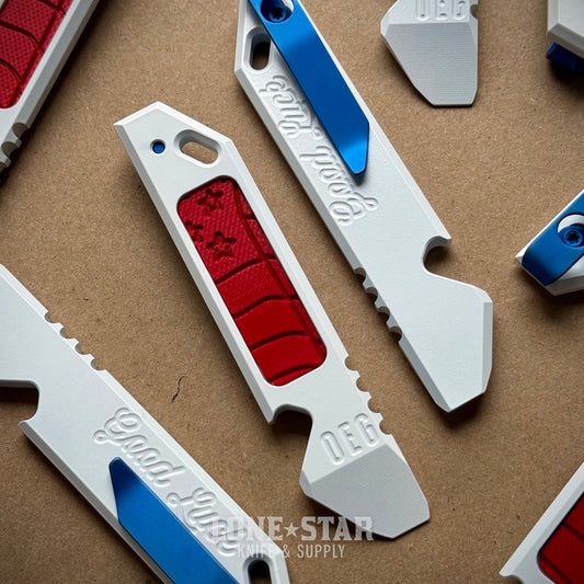 OEGEDCxLSKS MERICA Good Luck Pry - White Cerakote Titanium, G10 Flag Inlay, Blue deep carry clip - Lone Star Exclusive - Made in USA (OEG-LSKS-MERICAGLP)