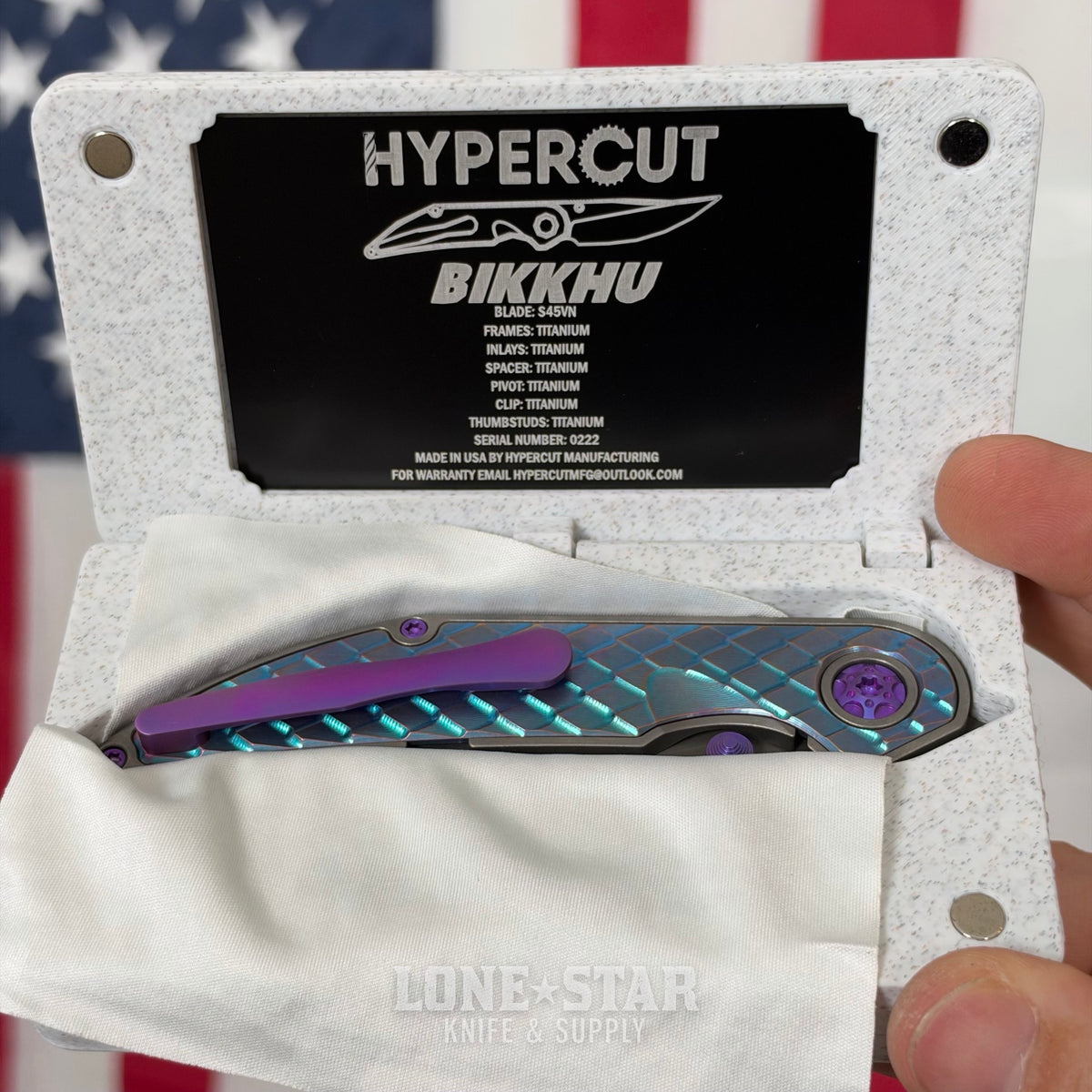 Hypercut MFG Bikkhu, CPM-S45VN Flipper, Teal Anodized Titanium, Purple Hardware, Serial 0222 - Made in USA (HC-BIKKHU-0222)