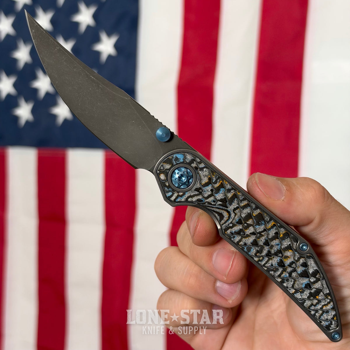 Hypercut MFG Bikkhu, CPM-S45VN Flipper, Titanium Frame, Camo Carbon Inlays, Blue Hardware, Serial 0230 - Made in USA (HC-BIKKHU-0230)