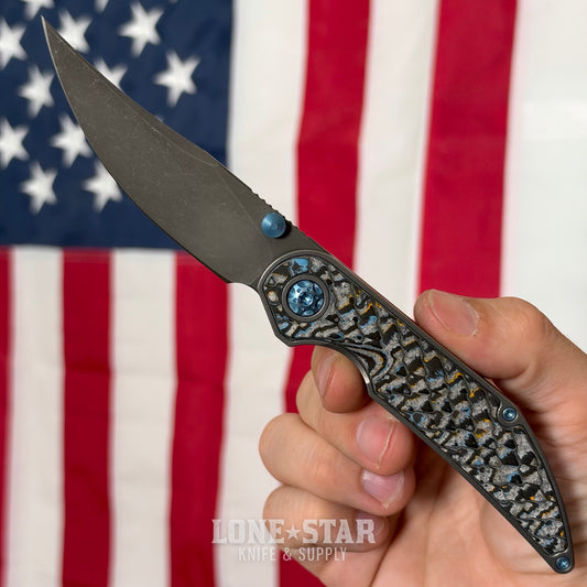 Hypercut MFG Bikkhu, CPM-S45VN Flipper, Titanium Frame, Camo Carbon Inlays, Blue Hardware, Serial 0230 - Made in USA (HC-BIKKHU-0230)
