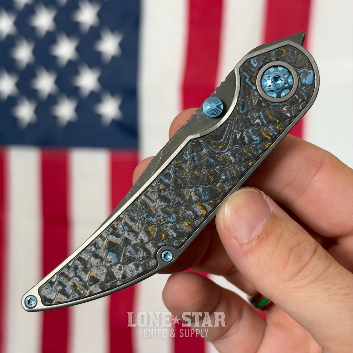 Hypercut MFG Bikkhu, CPM-S45VN Flipper, Titanium Frame, Camo Carbon Inlays, Blue Hardware, Serial 0230 - Made in USA (HC-BIKKHU-0230)