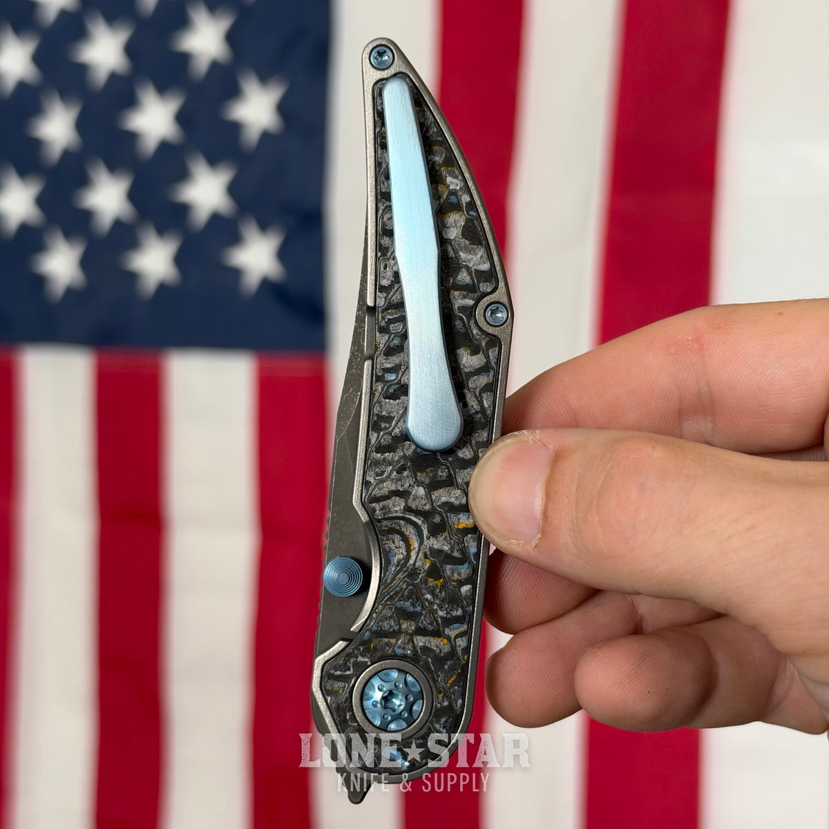 Hypercut MFG Bikkhu, CPM-S45VN Flipper, Titanium Frame, Camo Carbon Inlays, Blue Hardware, Serial 0230 - Made in USA (HC-BIKKHU-0230)
