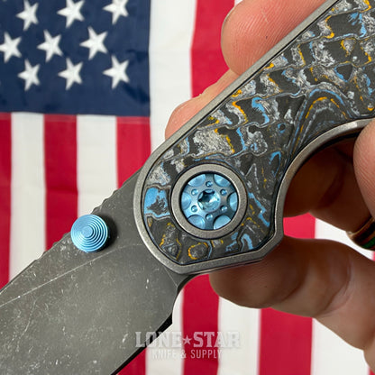 Hypercut MFG Bikkhu, CPM-S45VN Flipper, Titanium Frame, Camo Carbon Inlays, Blue Hardware, Serial 0230 - Made in USA (HC-BIKKHU-0230)