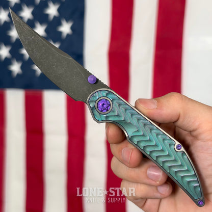 Hypercut MFG Bikkhu, CPM-S45VN Flipper, Teal Anodized Titanium, Chevron Milling, Purple Hardware, Serial 0236 - Made in USA (HC-BIKKHU-0236)
