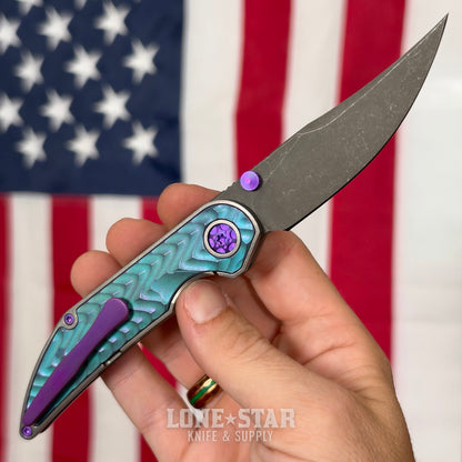 Hypercut MFG Bikkhu, CPM-S45VN Flipper, Teal Anodized Titanium, Chevron Milling, Purple Hardware, Serial 0236 - Made in USA (HC-BIKKHU-0236)