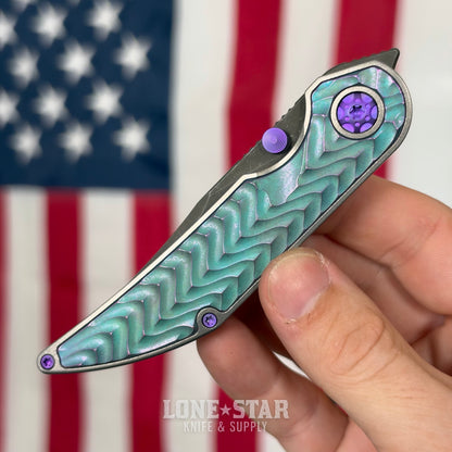 Hypercut MFG Bikkhu, CPM-S45VN Flipper, Teal Anodized Titanium, Chevron Milling, Purple Hardware, Serial 0236 - Made in USA (HC-BIKKHU-0236)