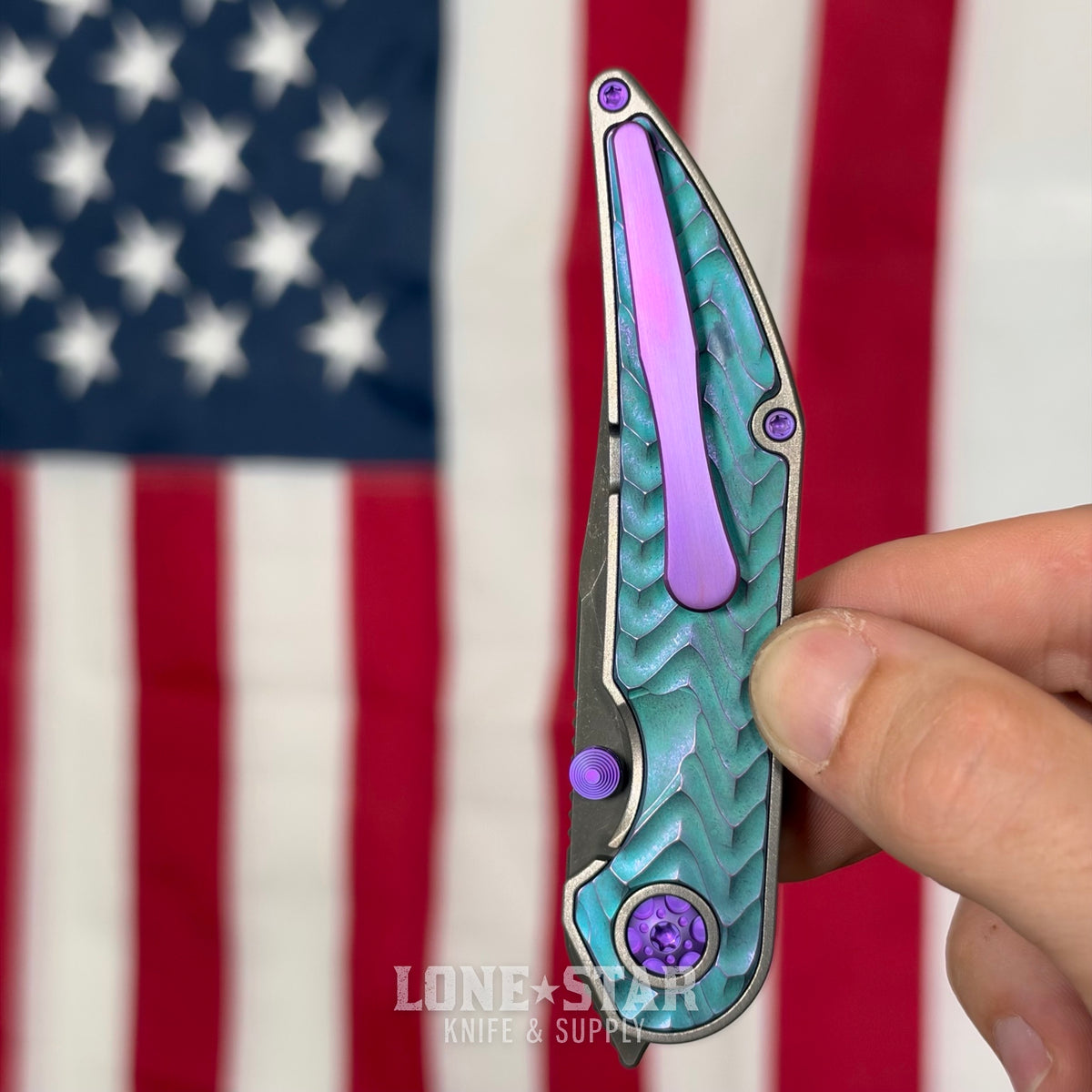 Hypercut MFG Bikkhu, CPM-S45VN Flipper, Teal Anodized Titanium, Chevron Milling, Purple Hardware, Serial 0236 - Made in USA (HC-BIKKHU-0236)