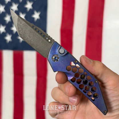 Hypercut MFG Dharma Automatic Serial 0233 - 3.2" S45VN Tanto, Purple Anodized Titanium, Honeycomb, Bronze Hardware - Made in USA (HC-DHARMA-AUTO-0233)