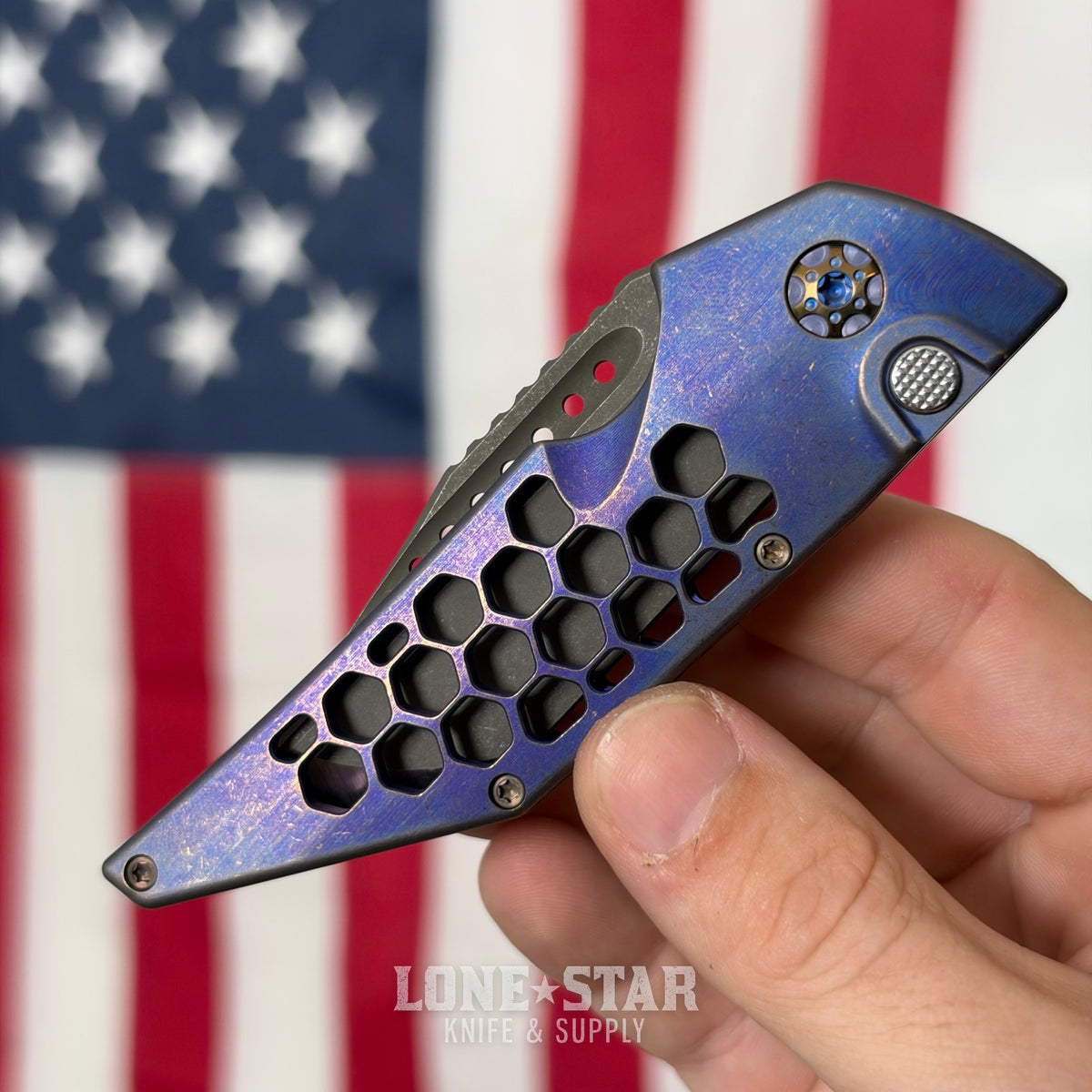 Hypercut MFG Dharma Automatic Serial 0233 - 3.2" S45VN Tanto, Purple Anodized Titanium, Honeycomb, Bronze Hardware - Made in USA (HC-DHARMA-AUTO-0233)