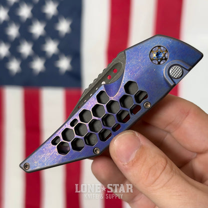 Hypercut MFG Dharma Automatic Serial 0233 - 3.2" S45VN Tanto, Purple Anodized Titanium, Honeycomb, Bronze Hardware - Made in USA (HC-DHARMA-AUTO-0233)