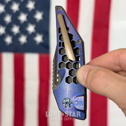 Hypercut MFG Dharma Automatic Serial 0233 - 3.2" S45VN Tanto, Purple Anodized Titanium, Honeycomb, Bronze Hardware - Made in USA (HC-DHARMA-AUTO-0233)