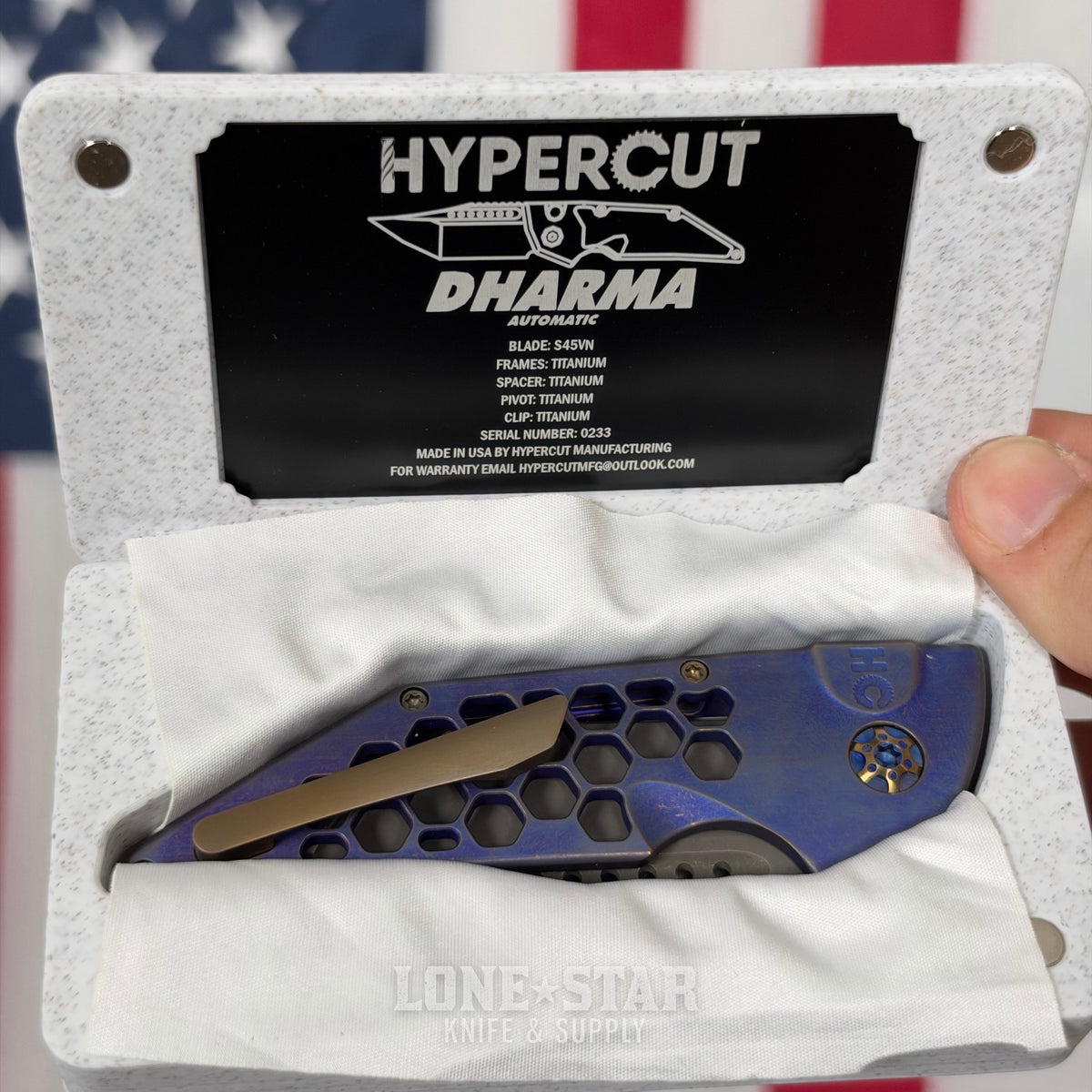 Hypercut MFG Dharma Automatic Serial 0233 - 3.2" S45VN Tanto, Purple Anodized Titanium, Honeycomb, Bronze Hardware - Made in USA (HC-DHARMA-AUTO-0233)