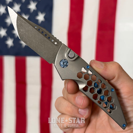 Hypercut MFG Dharma Automatic Serial 0273 - 3.2" S45VN Tanto, Natural Titanium, Honeycomb, Blue Hardware - Made in USA (HC-DHARMA-AUTO-0273)
