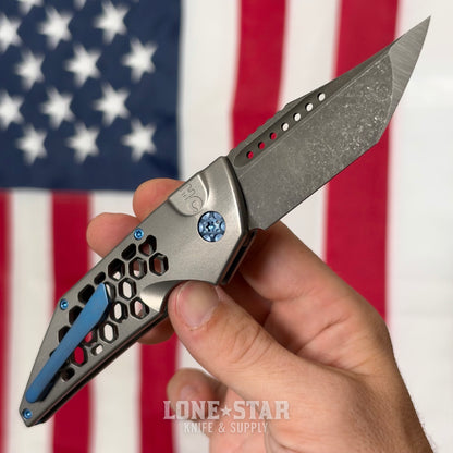 Hypercut MFG Dharma Automatic Serial 0273 - 3.2" S45VN Tanto, Natural Titanium, Honeycomb, Blue Hardware - Made in USA (HC-DHARMA-AUTO-0273)