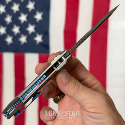 Hypercut MFG Dharma Automatic Serial 0273 - 3.2" S45VN Tanto, Natural Titanium, Honeycomb, Blue Hardware - Made in USA (HC-DHARMA-AUTO-0273)