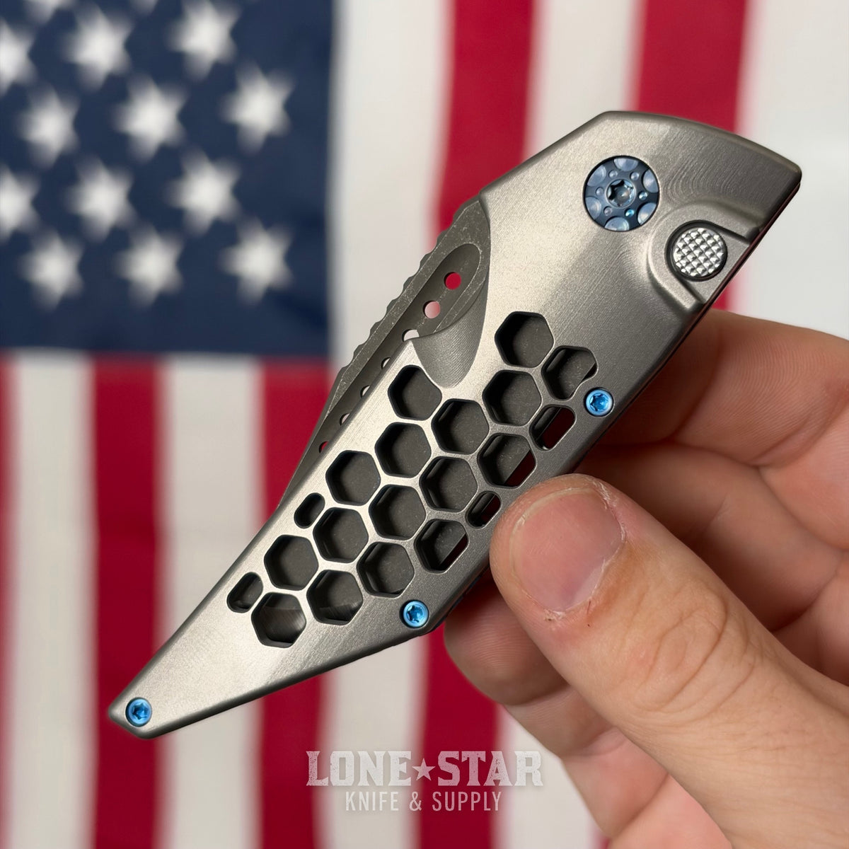 Hypercut MFG Dharma Automatic Serial 0273 - 3.2" S45VN Tanto, Natural Titanium, Honeycomb, Blue Hardware - Made in USA (HC-DHARMA-AUTO-0273)