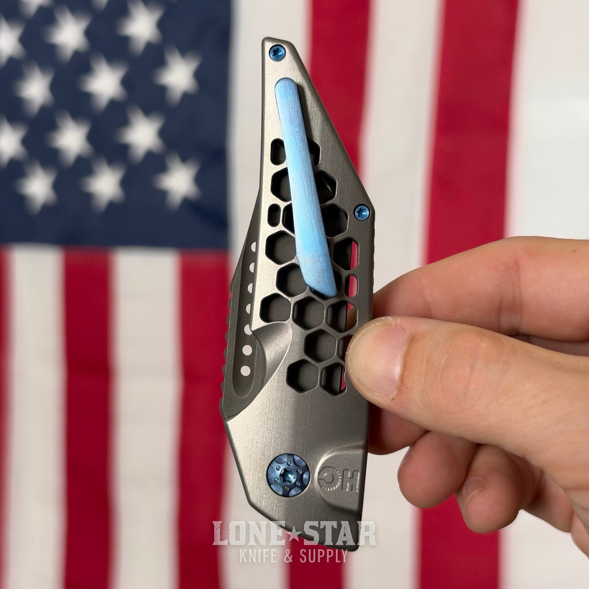 Hypercut MFG Dharma Automatic Serial 0273 - 3.2" S45VN Tanto, Natural Titanium, Honeycomb, Blue Hardware - Made in USA (HC-DHARMA-AUTO-0273)