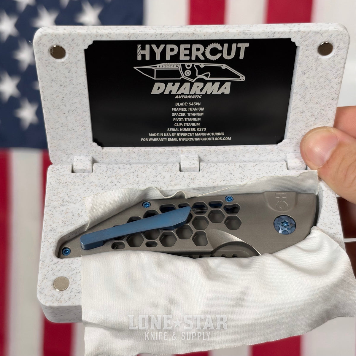 Hypercut MFG Dharma Automatic Serial 0273 - 3.2" S45VN Tanto, Natural Titanium, Honeycomb, Blue Hardware - Made in USA (HC-DHARMA-AUTO-0273)