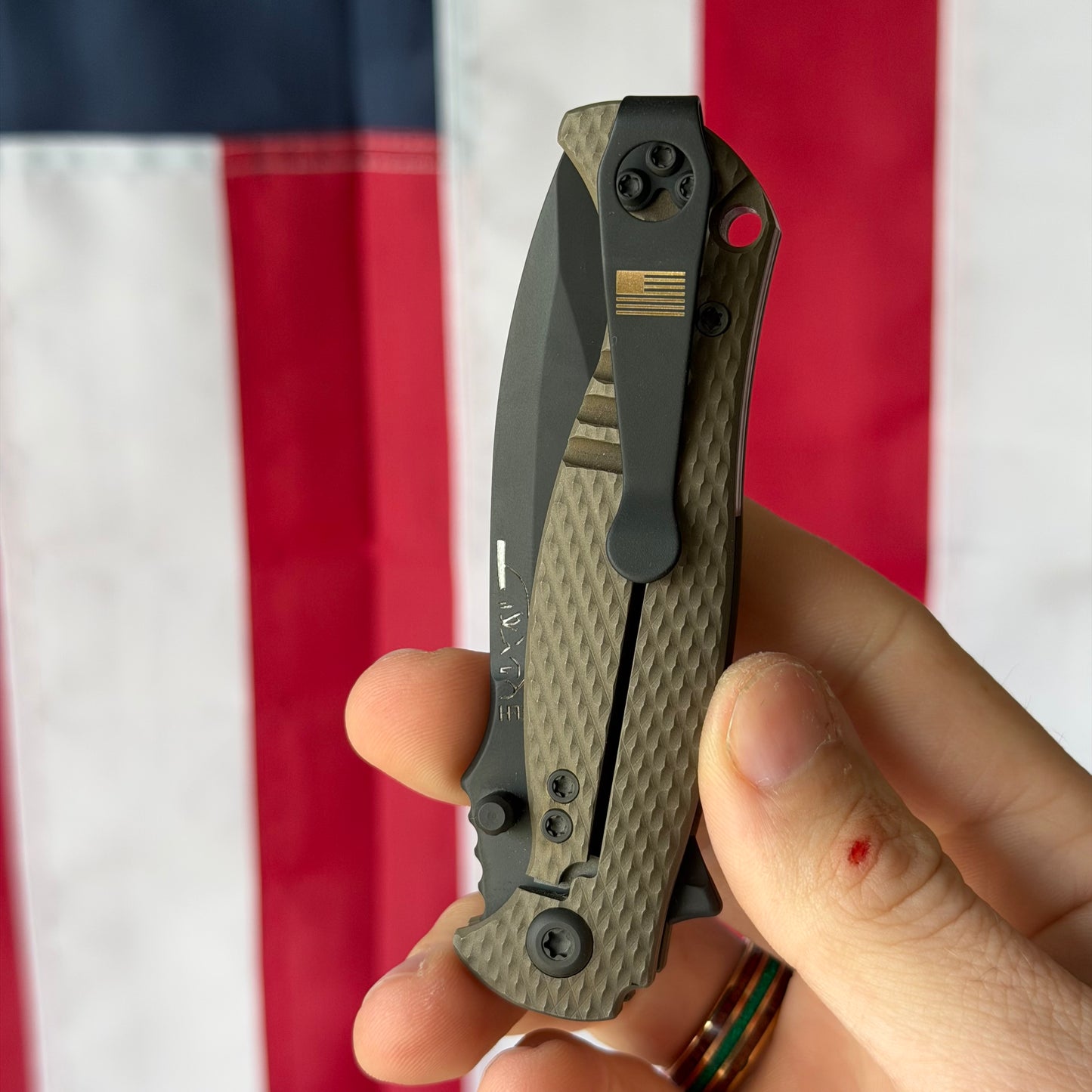 The Back Door: Half Face Blades Extremis Folder, PVD Coated Blade, Bronze Anodized Titanium Scales, Made in USA (Return)