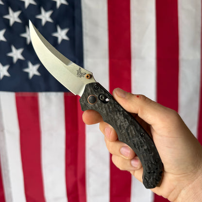The Back Door: Used – Benchmade Mini Bedlam 865-02 3.45" Scimitar, CPM-S90V Satin, Marbled Carbon Fiber, Copper PVD, AXIS Lock – Made in USA