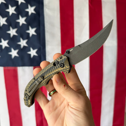 The Back Door: Used – Benchmade Mini Bedlam 865BK-01 3.45" Scimitar, CPM-S90V Cerakote, Black/Coyote/OD G10, AXIS Lock – Made in USA