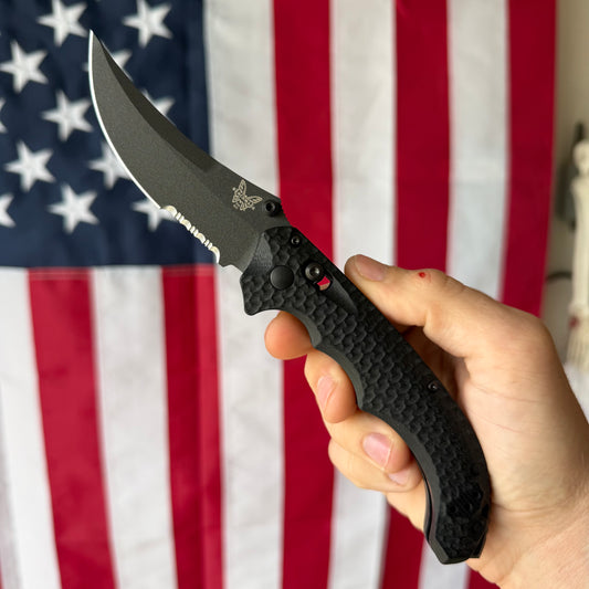 The Back Door: Used – Benchmade Mini Bedlam 865SBK 3.45" Scimitar, CPM-S90V, Black G10, Partially Serrated, AXIS Lock – Made in USA