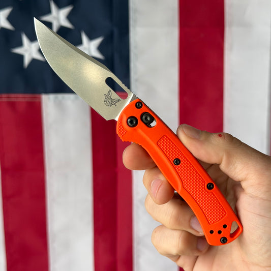 The Back Door: Benchmade Mini Taggedout Knife – 3.04” CPM-154 Blade, Orange Grivory Handle, AXIS Lock – Made in USA (15533) (Used)