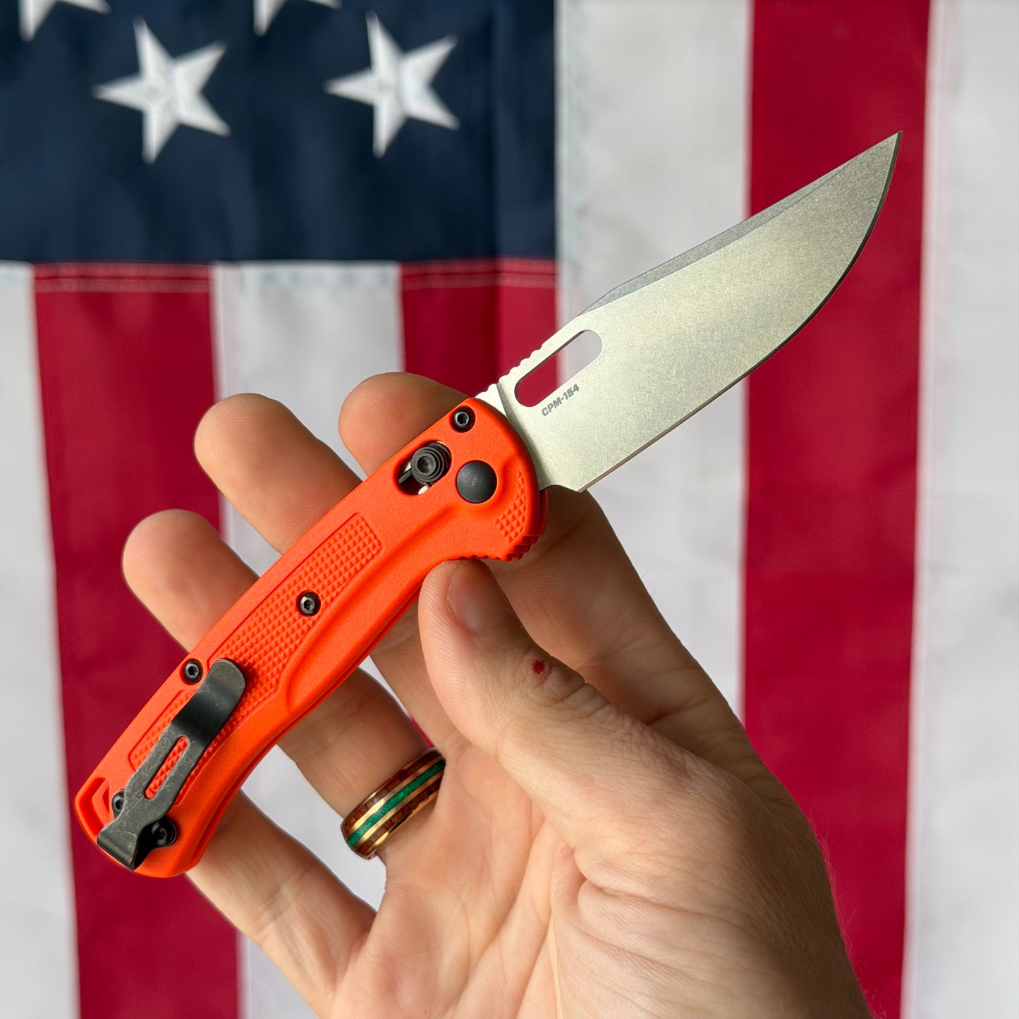 The Back Door: Benchmade Mini Taggedout Knife – 3.04” CPM-154 Blade, Orange Grivory Handle, AXIS Lock – Made in USA (15533) (Used)