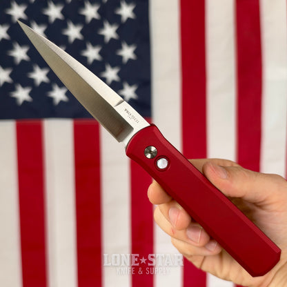 The Back Door: Pro-Tech Godfather 921 MOP Red - 4" Satin 154CM, Red Handle, White Pearl Button - Made in USA (921-MOP RED) (Return)