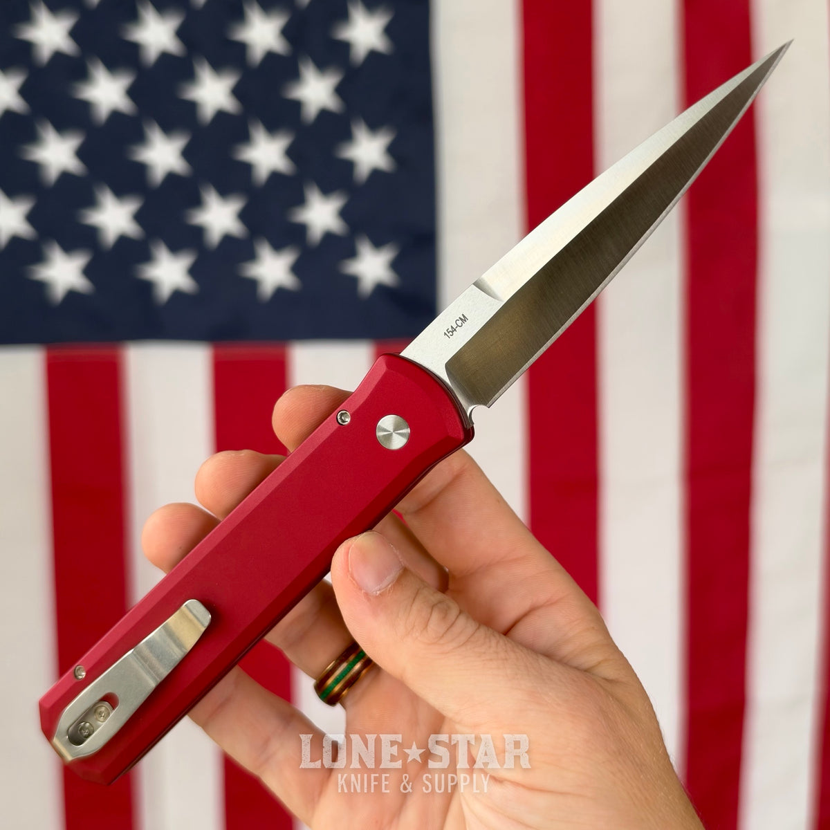 The Back Door: Pro-Tech Godfather 921 MOP Red - 4" Satin 154CM, Red Handle, White Pearl Button - Made in USA (921-MOP RED) (Return)