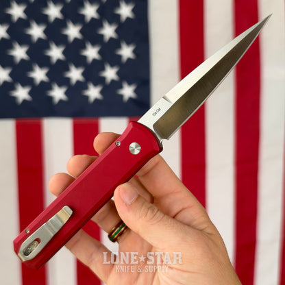The Back Door: Pro-Tech Godfather 921 MOP Red - 4" Satin 154CM, Red Handle, White Pearl Button - Made in USA (921-MOP RED) (Return)