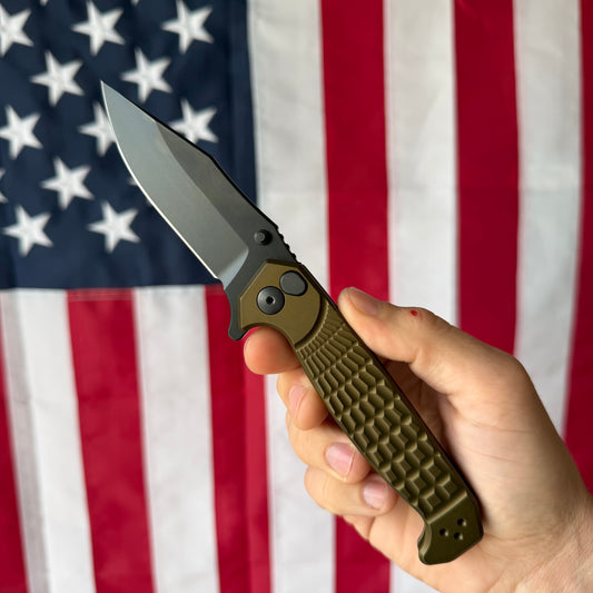 The Back Door: Half Face Blades Crow Folder, Anodized OD Green Aluminum Handle, 3.5″ S45VN Blade, Made in USA (Return)