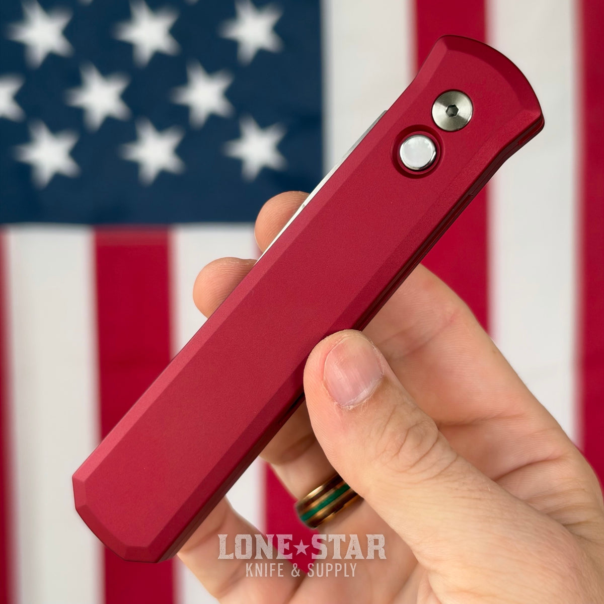 The Back Door: Pro-Tech Godfather 921 MOP Red - 4" Satin 154CM, Red Handle, White Pearl Button - Made in USA (921-MOP RED) (Return)