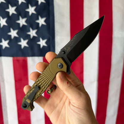 The Back Door: Half Face Blades Crow Folder, Anodized OD Green Aluminum Handle, 3.5″ S45VN Blade, Made in USA (Return)