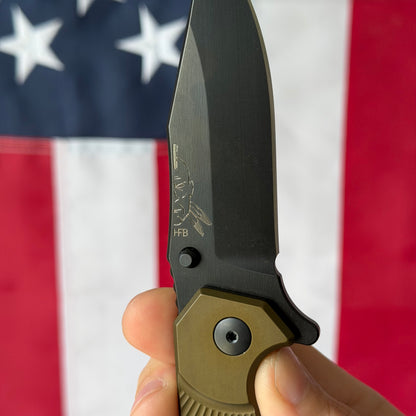 The Back Door: Half Face Blades Crow Folder, Anodized OD Green Aluminum Handle, 3.5″ S45VN Blade, Made in USA (Return)