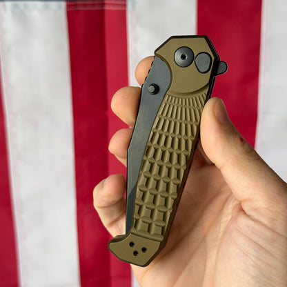 The Back Door: Half Face Blades Crow Folder, Anodized OD Green Aluminum Handle, 3.5″ S45VN Blade, Made in USA (Return)