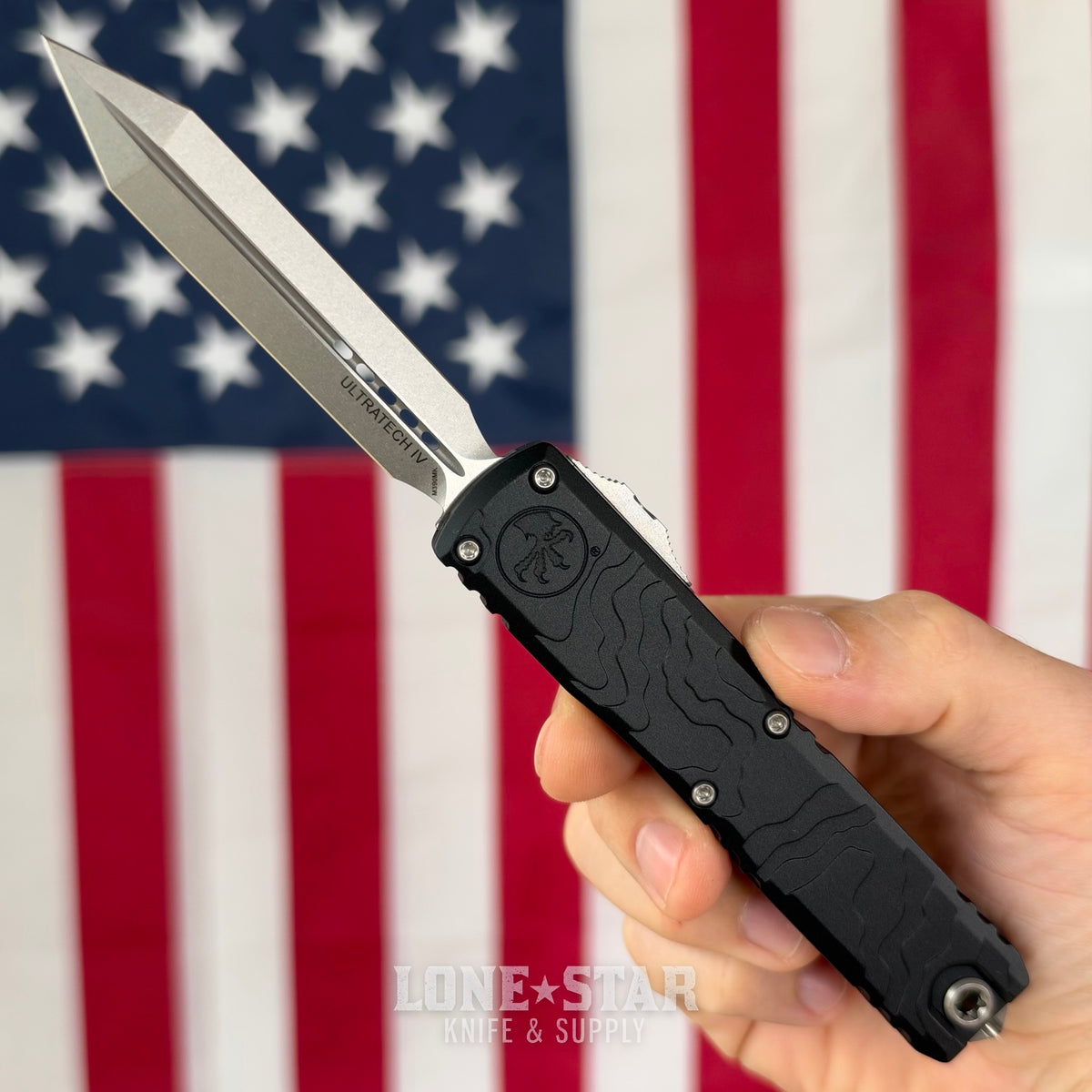 The Back Door: Microtech Ultratech Spartan Gen IV OTF - Topographic Black Deep Engraved, 3.5" M390MK Stonewash Dagger - Made in USA (12234TP-10) (Return)