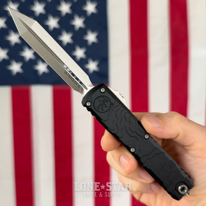 The Back Door: Microtech Ultratech Spartan Gen IV OTF - Topographic Black Deep Engraved, 3.5" M390MK Stonewash Dagger - Made in USA (12234TP-10) (Return)