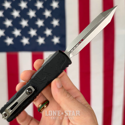 The Back Door: Microtech Ultratech Spartan Gen IV OTF - Topographic Black Deep Engraved, 3.5" M390MK Stonewash Dagger - Made in USA (12234TP-10) (Return)