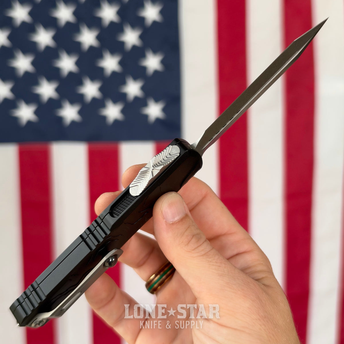 The Back Door: Microtech Ultratech Spartan Gen IV OTF - Topographic Black Deep Engraved, 3.5" M390MK Stonewash Dagger - Made in USA (12234TP-10) (Return)