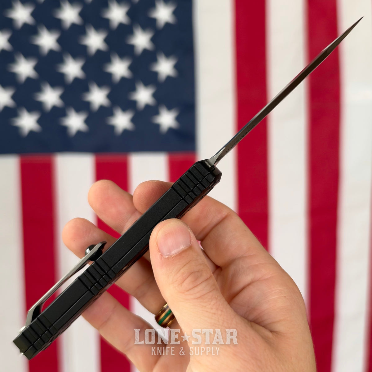 The Back Door: Microtech Ultratech Spartan Gen IV OTF - Topographic Black Deep Engraved, 3.5" M390MK Stonewash Dagger - Made in USA (12234TP-10) (Return)