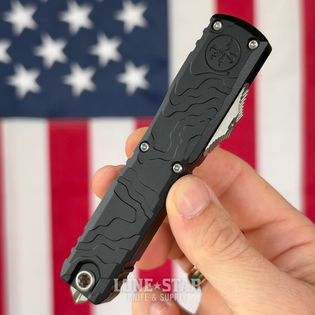 The Back Door: Microtech Ultratech Spartan Gen IV OTF - Topographic Black Deep Engraved, 3.5" M390MK Stonewash Dagger - Made in USA (12234TP-10) (Return)