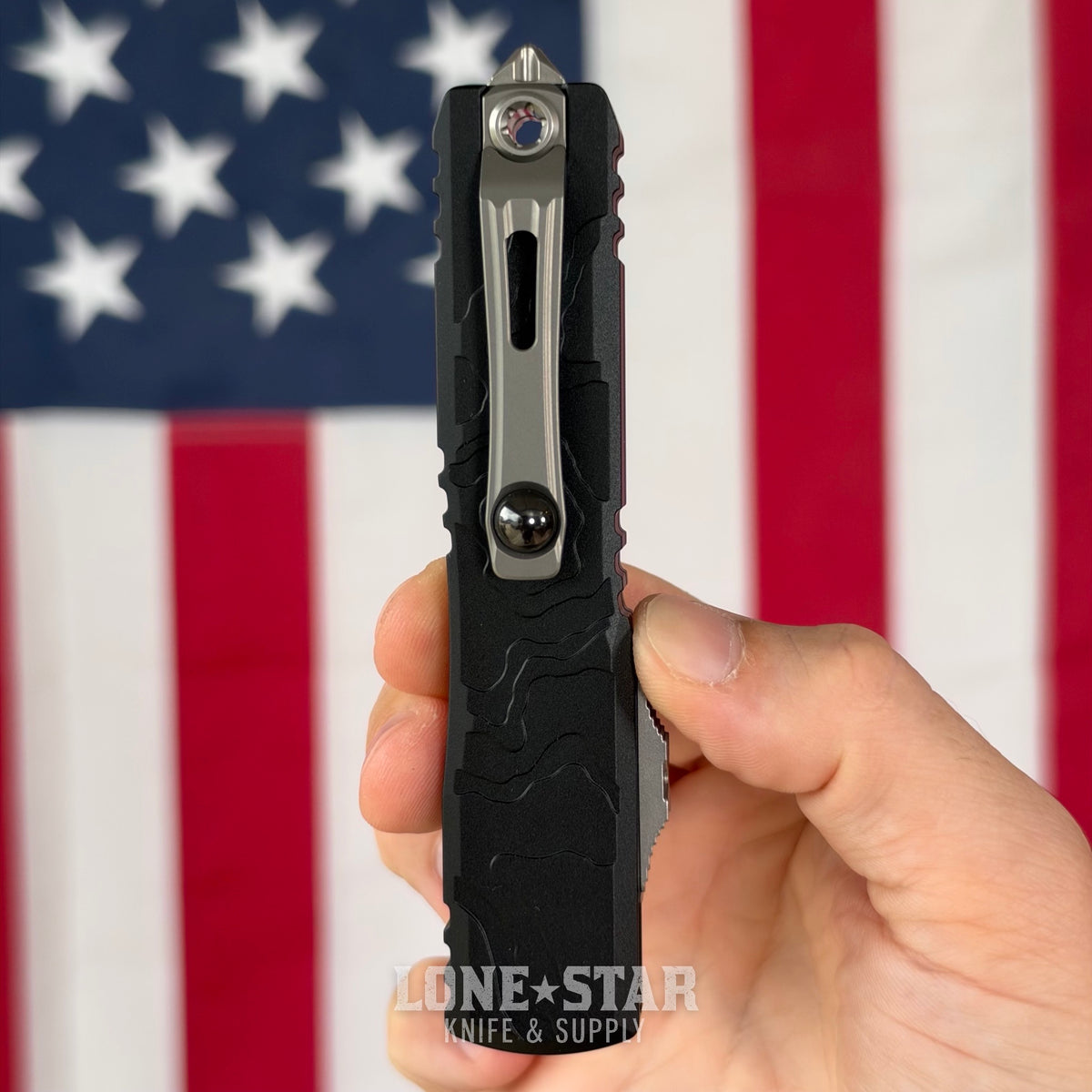 The Back Door: Microtech Ultratech Spartan Gen IV OTF - Topographic Black Deep Engraved, 3.5" M390MK Stonewash Dagger - Made in USA (12234TP-10) (Return)